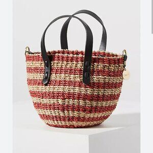 Clare V. Petite Lea Woven Straw Bag Navy Tan Red Striped Bohemian